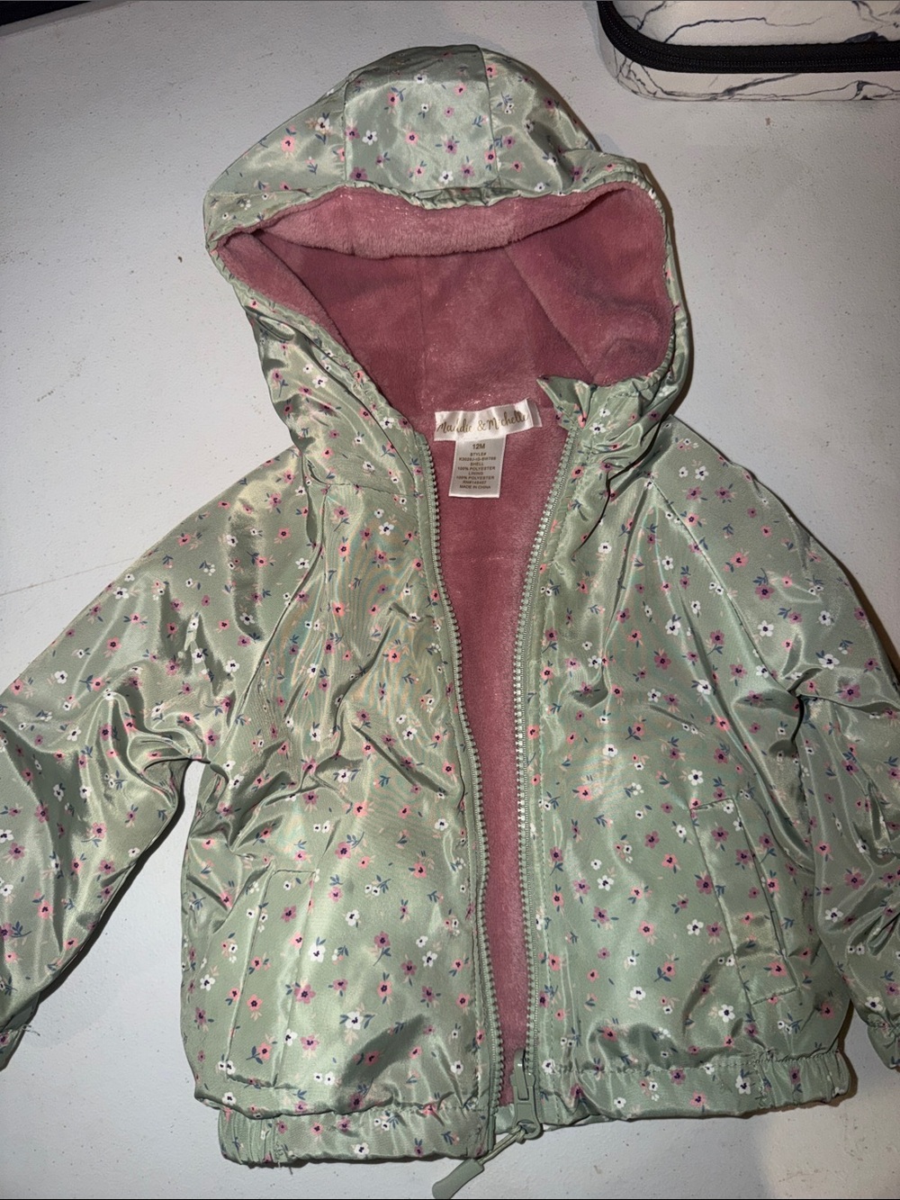 Girls' Hooded Floral Puffer Jacket in Sage Green with Pink Lining
